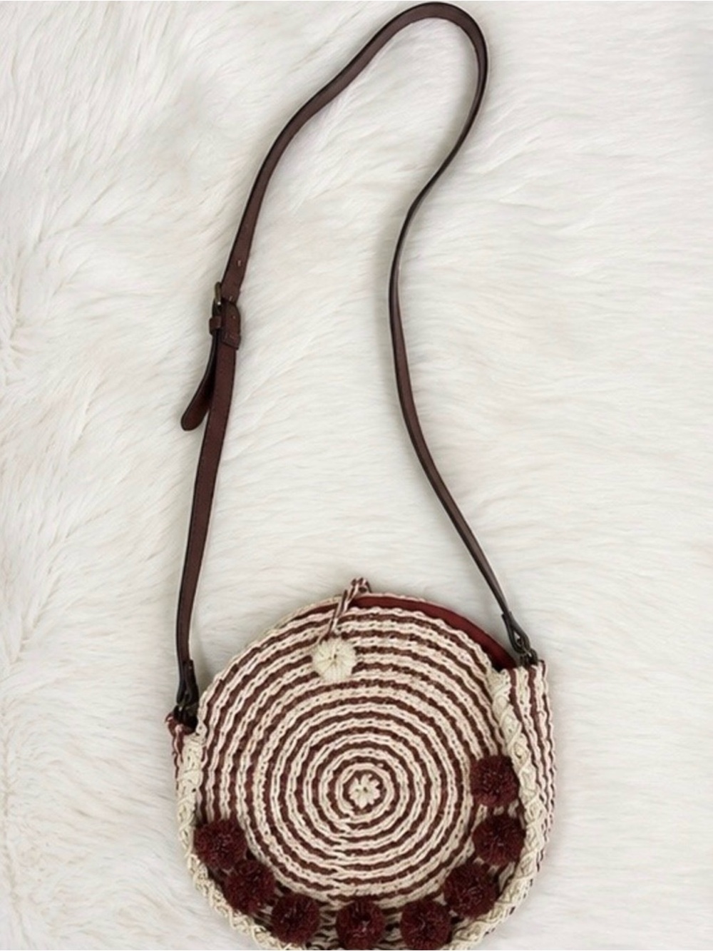 Woven Round Fossil Crossbody Bag in Cream and Brown